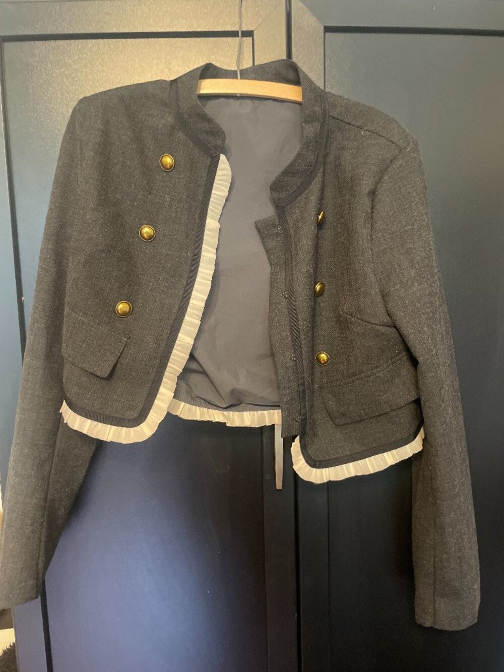 Cider Tweed Cropped Jacket With Contrast Pleating in Size Medium in Color Carbon